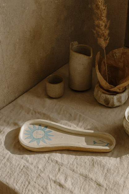 Repose-cuillère blanc et bleu